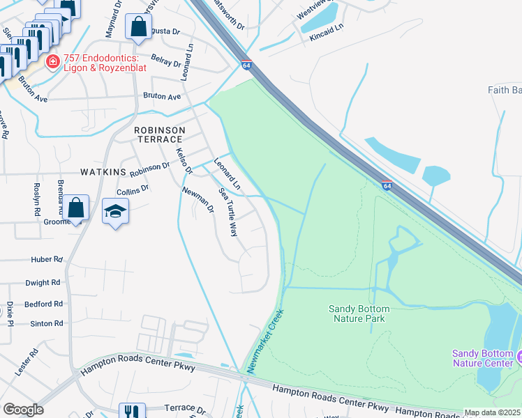 map of restaurants, bars, coffee shops, grocery stores, and more near 604 Leonard Lane in Newport News