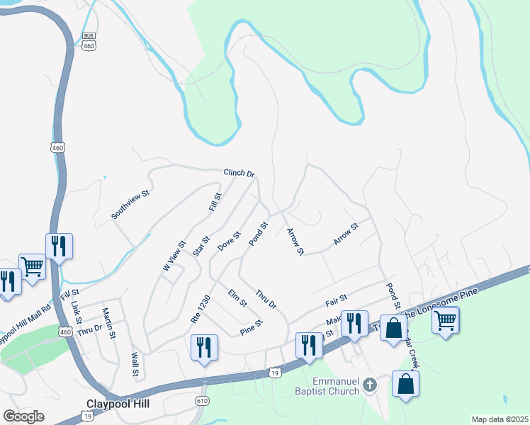 map of restaurants, bars, coffee shops, grocery stores, and more near 130 Clinch Drive in Pounding Mill