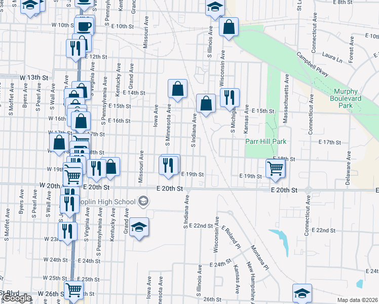 map of restaurants, bars, coffee shops, grocery stores, and more near 1706 North Indiana Avenue in Joplin