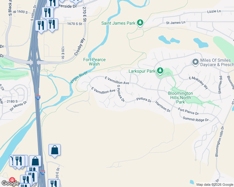 map of restaurants, bars, coffee shops, grocery stores, and more near 2254 South Pintura Drive in St. George