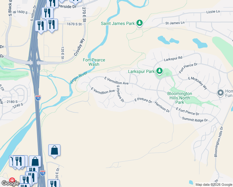 map of restaurants, bars, coffee shops, grocery stores, and more near 2254 South Pintura Drive in St. George