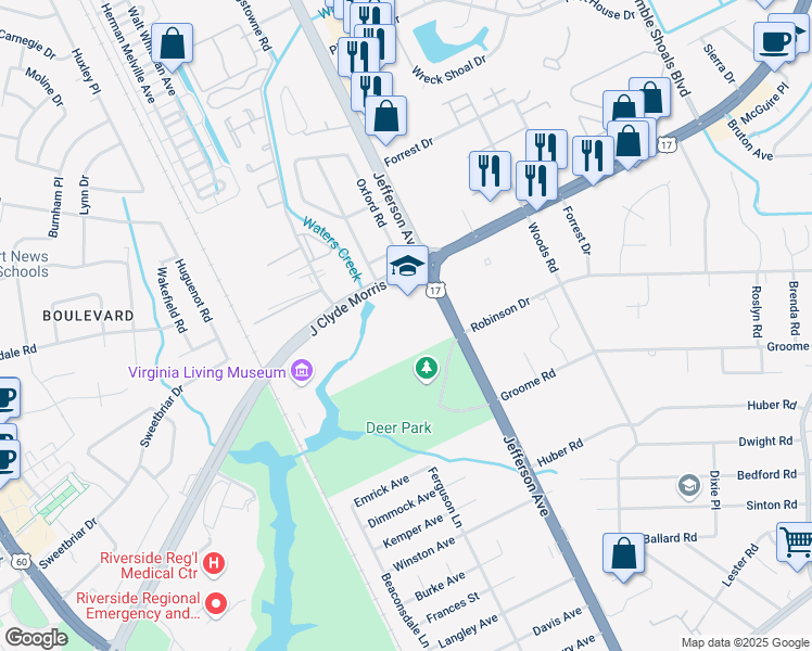 map of restaurants, bars, coffee shops, grocery stores, and more near 11541 Jefferson Avenue in Newport News