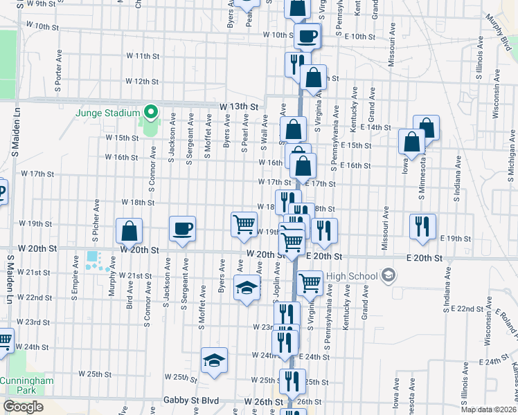 map of restaurants, bars, coffee shops, grocery stores, and more near 1718 South Wall Avenue in Joplin