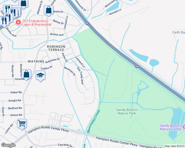 map of restaurants, bars, coffee shops, grocery stores, and more near 604 Leonard Lane in Newport News