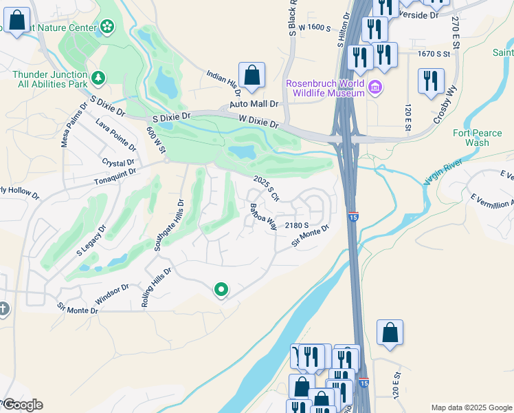 map of restaurants, bars, coffee shops, grocery stores, and more near 2105 Balboa Way in St. George