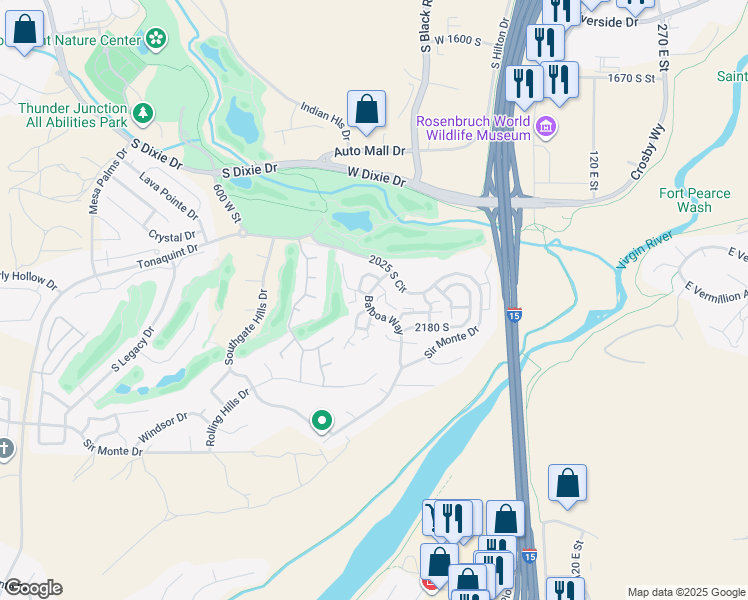 map of restaurants, bars, coffee shops, grocery stores, and more near 2105 Balboa Way in St. George