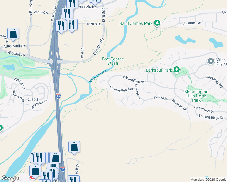 map of restaurants, bars, coffee shops, grocery stores, and more near 184 Vermillion Avenue in St. George