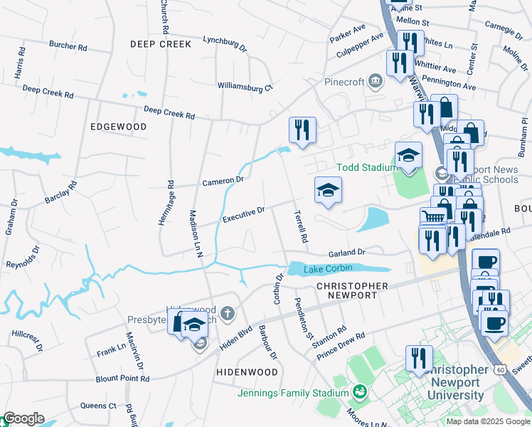 map of restaurants, bars, coffee shops, grocery stores, and more near 24 Executive Drive in Newport News
