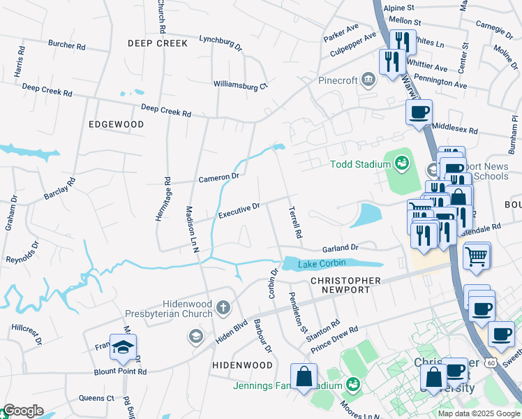 map of restaurants, bars, coffee shops, grocery stores, and more near 24 Executive Drive in Newport News