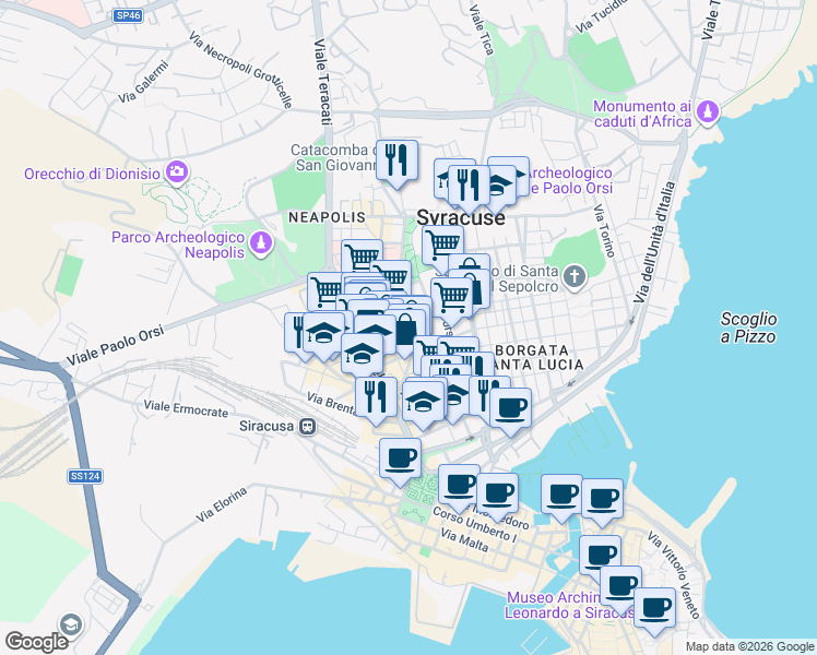map of restaurants, bars, coffee shops, grocery stores, and more near 7 Via Giuseppe di Natale in Syracuse