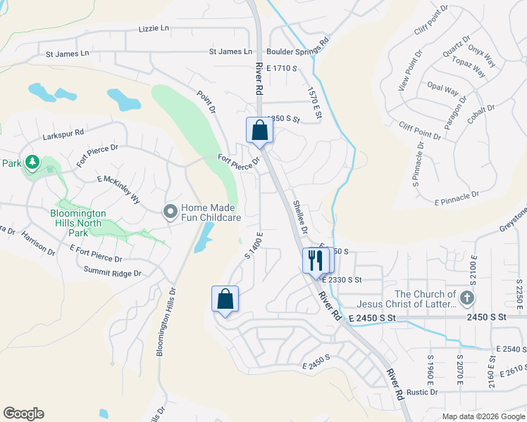 map of restaurants, bars, coffee shops, grocery stores, and more near 2045 South 1400 East in St. George