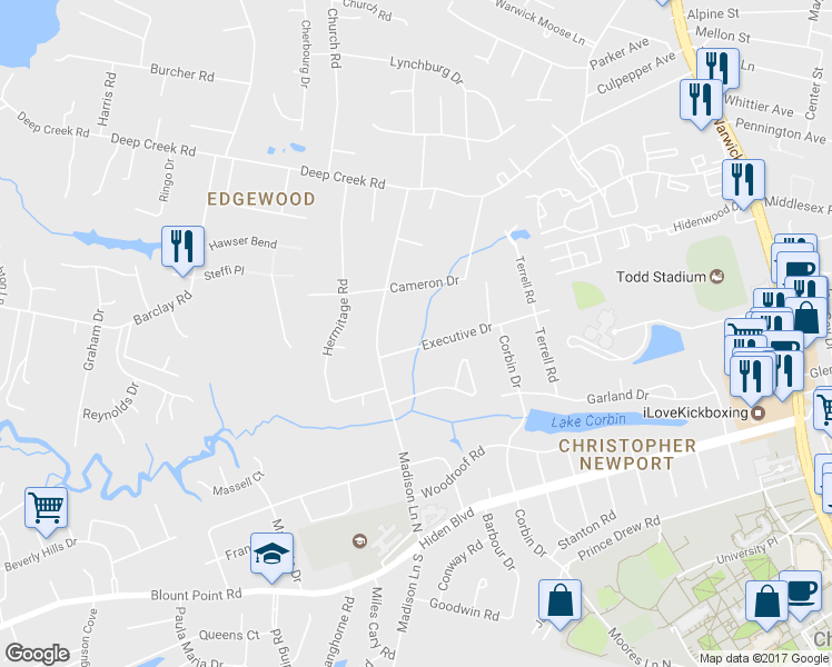 map of restaurants, bars, coffee shops, grocery stores, and more near 5 Executive Drive in Newport News