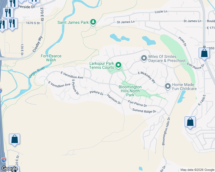 map of restaurants, bars, coffee shops, grocery stores, and more near 770 Fort Pierce Drive in St. George