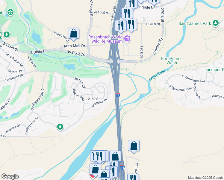 map of restaurants, bars, coffee shops, grocery stores, and more near 2075 South Sir Monte Drive in St. George