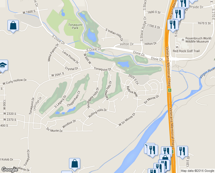 map of restaurants, bars, coffee shops, grocery stores, and more near 2120 Fairway Hills Drive in Saint George