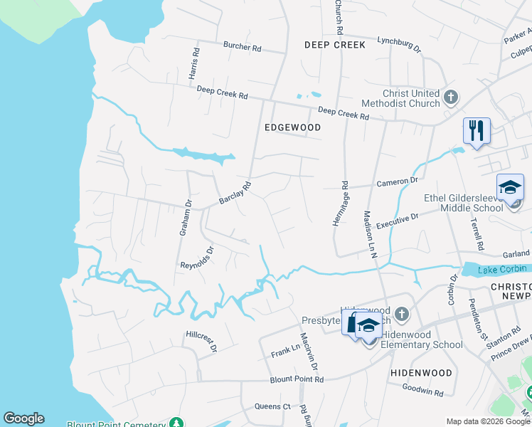 map of restaurants, bars, coffee shops, grocery stores, and more near 122 Willet Way in Newport News