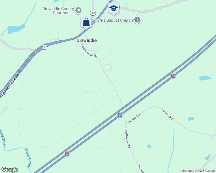 map of restaurants, bars, coffee shops, grocery stores, and more near 14490 Courthouse Road in Dinwiddie
