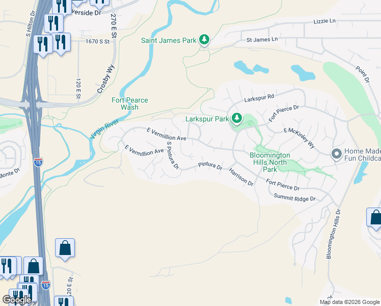 map of restaurants, bars, coffee shops, grocery stores, and more near 2245 Arnica Circle in St. George