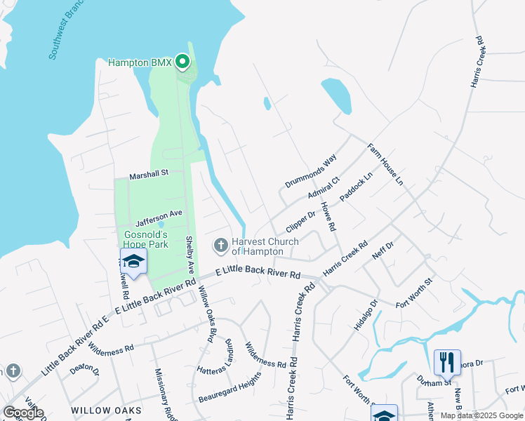 map of restaurants, bars, coffee shops, grocery stores, and more near 201 Captains Court in Hampton