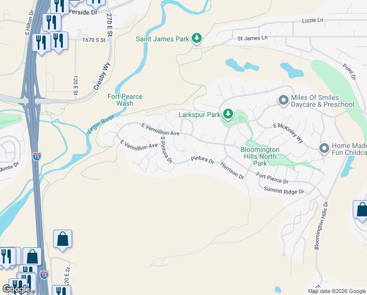 map of restaurants, bars, coffee shops, grocery stores, and more near 2261 Englemann Place in St. George