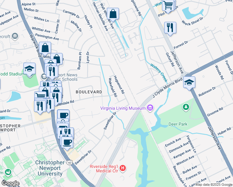 map of restaurants, bars, coffee shops, grocery stores, and more near 24 Wakefield Road in Newport News
