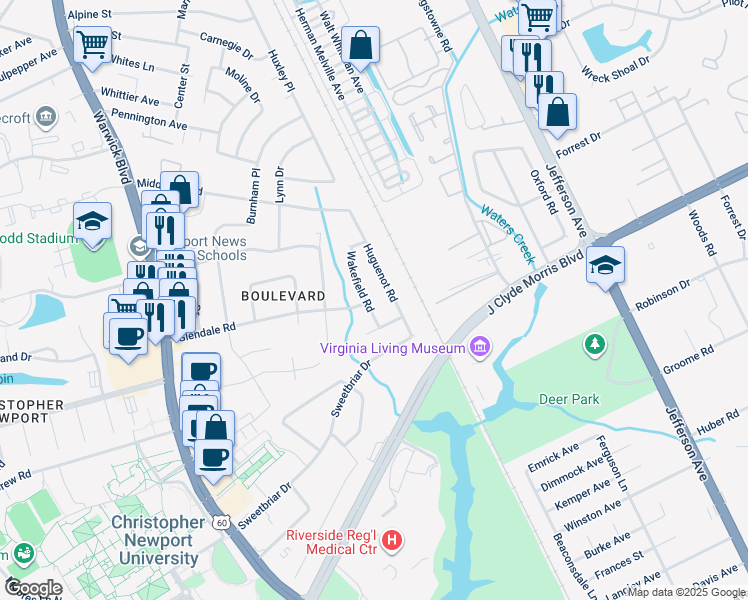 map of restaurants, bars, coffee shops, grocery stores, and more near 24 Wakefield Road in Newport News