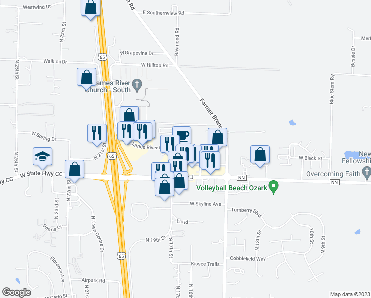 map of restaurants, bars, coffee shops, grocery stores, and more near 5504 North 17th Street in Ozark