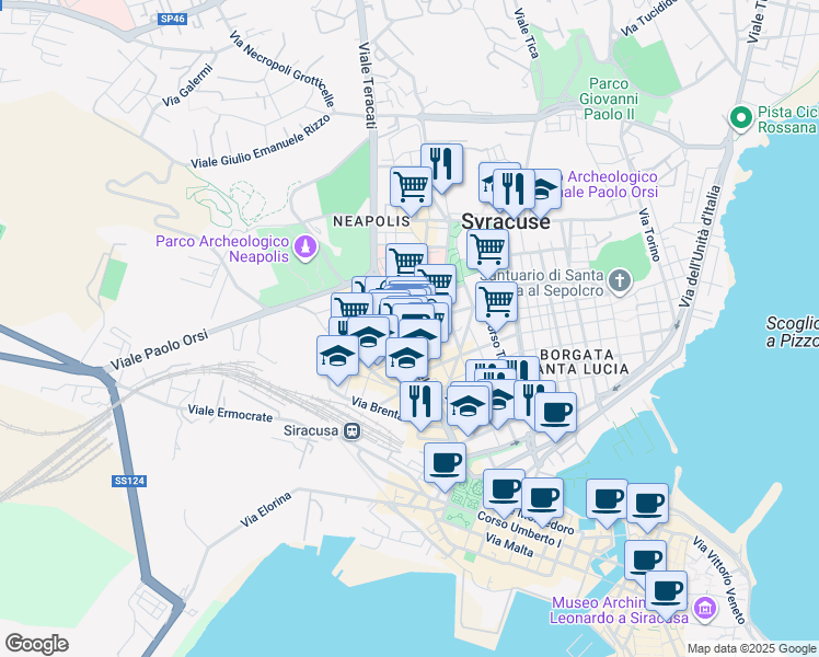 map of restaurants, bars, coffee shops, grocery stores, and more near 81 Via Archia in Syracuse