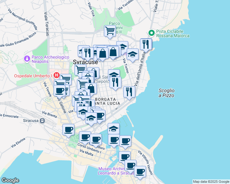 map of restaurants, bars, coffee shops, grocery stores, and more near 23 Piazza Santa Lucia in Syracuse