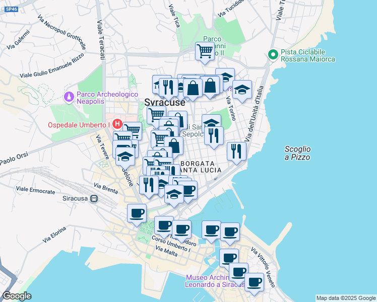 map of restaurants, bars, coffee shops, grocery stores, and more near 101 Viale Piave in Syracuse