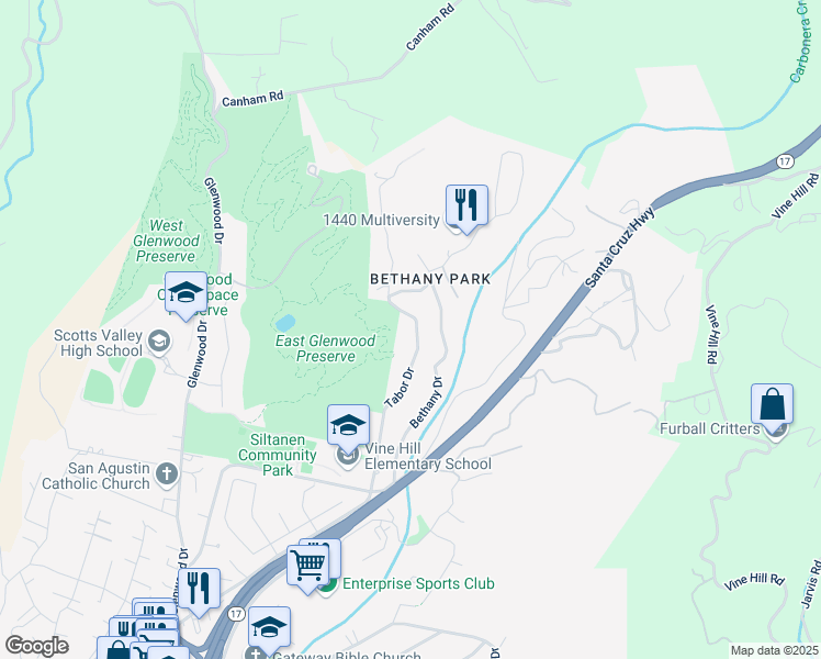 map of restaurants, bars, coffee shops, grocery stores, and more near 495 Tabor Drive in Scotts Valley