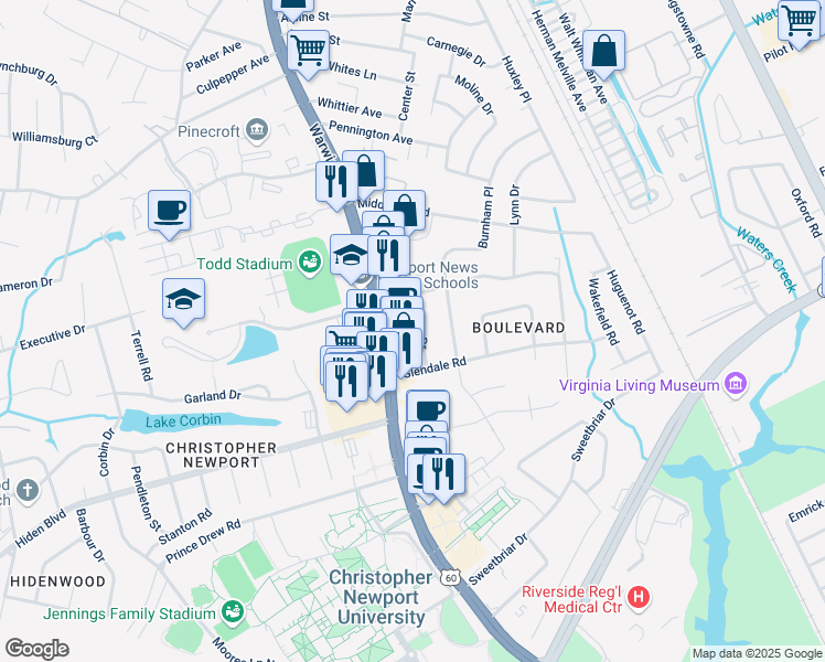 map of restaurants, bars, coffee shops, grocery stores, and more near 12460 Warwick Boulevard in Newport News