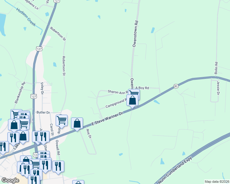 map of restaurants, bars, coffee shops, grocery stores, and more near Sharon Ann Rd in Russell Springs
