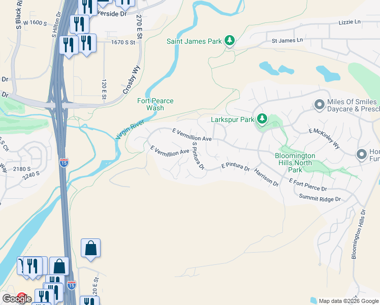 map of restaurants, bars, coffee shops, grocery stores, and more near 455 Vermillion Avenue in St. George