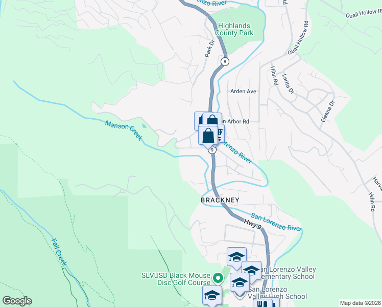 map of restaurants, bars, coffee shops, grocery stores, and more near 132 Redwood Lane in Ben Lomond