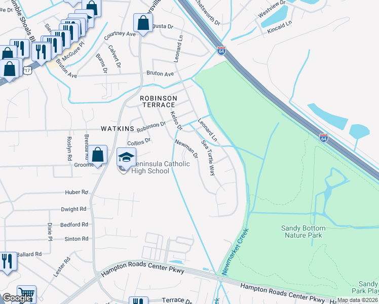 map of restaurants, bars, coffee shops, grocery stores, and more near 625 Newman Drive in Newport News