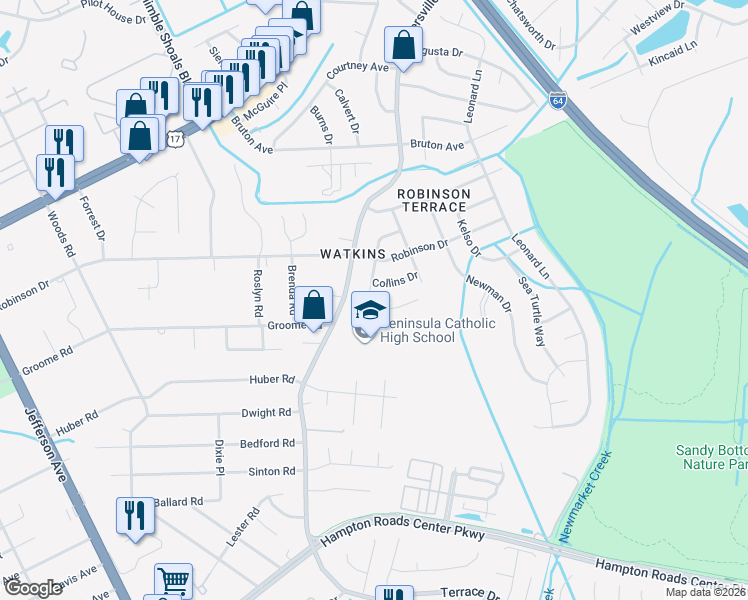 map of restaurants, bars, coffee shops, grocery stores, and more near 640 Daniel Drive in Newport News