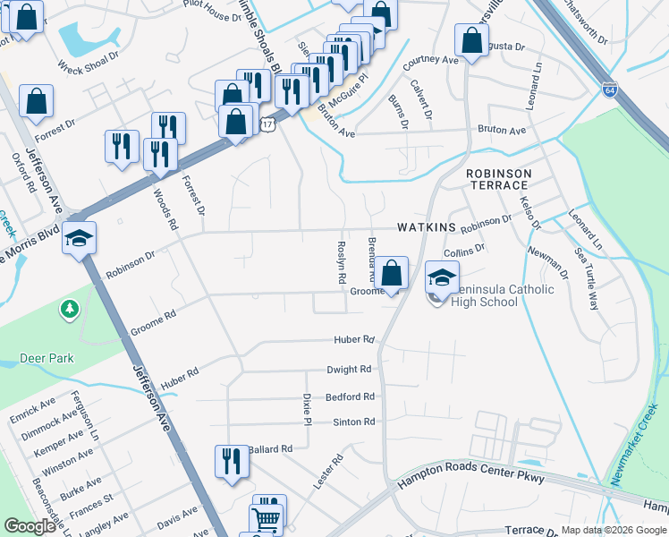 map of restaurants, bars, coffee shops, grocery stores, and more near 607 Roslyn Road in Newport News