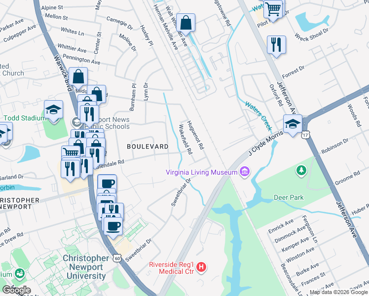 map of restaurants, bars, coffee shops, grocery stores, and more near 19 Wakefield Road in Newport News