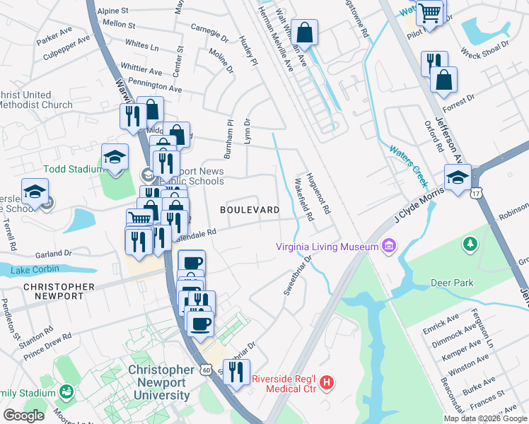 map of restaurants, bars, coffee shops, grocery stores, and more near 107 Glade Road in Newport News
