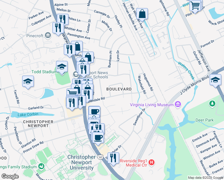 map of restaurants, bars, coffee shops, grocery stores, and more near 8 Carolyn Drive in Newport News