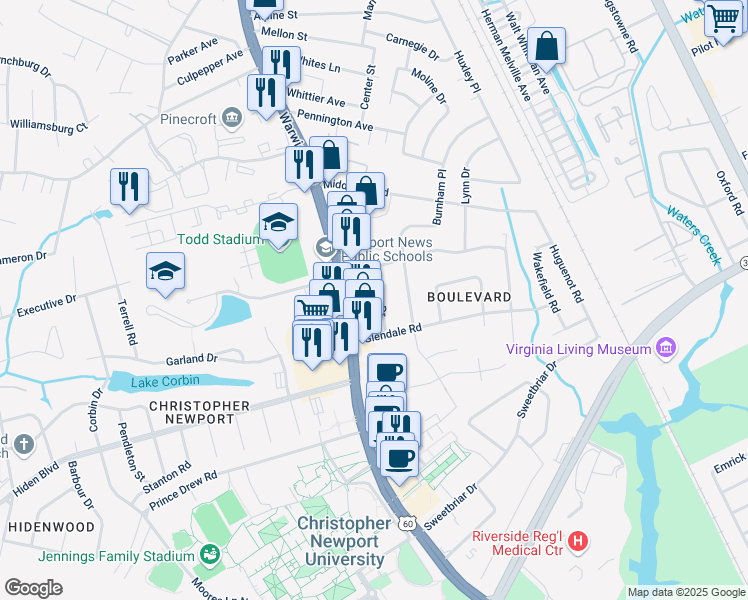 map of restaurants, bars, coffee shops, grocery stores, and more near 12460 Warwick Boulevard in Newport News