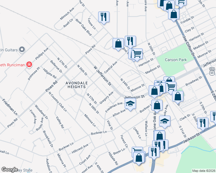 map of restaurants, bars, coffee shops, grocery stores, and more near 443 Jefferson Street in Paducah
