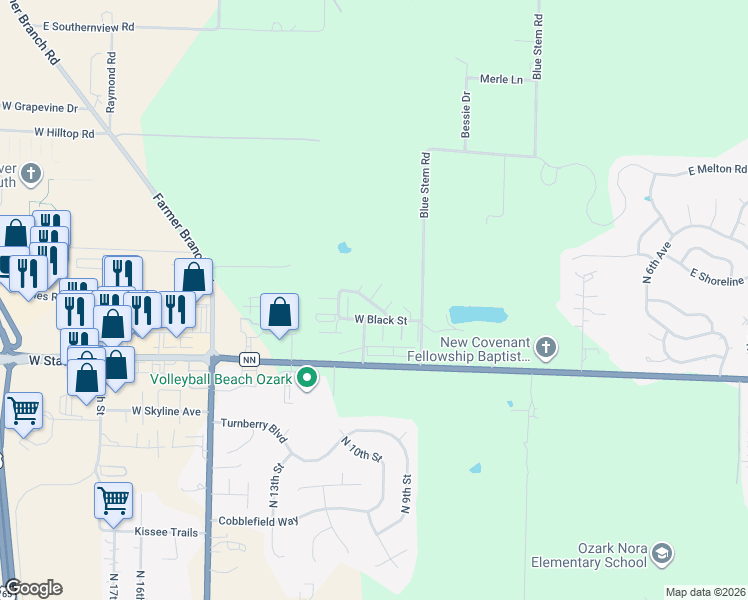 map of restaurants, bars, coffee shops, grocery stores, and more near 5700-5796 North Orange Lane in Ozark