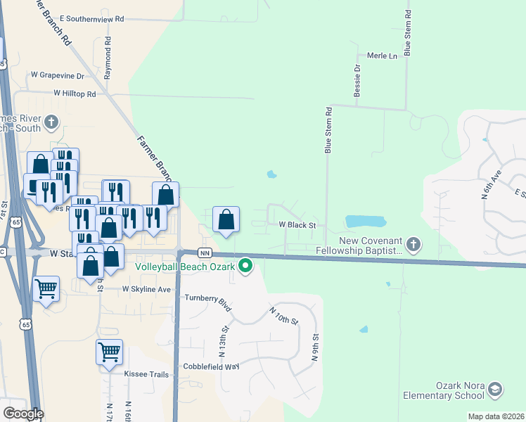 map of restaurants, bars, coffee shops, grocery stores, and more near 1101-1193 West Blue Lane in Ozark