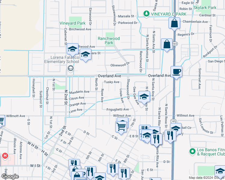 map of restaurants, bars, coffee shops, grocery stores, and more near 307 Jimmy Court in Los Banos