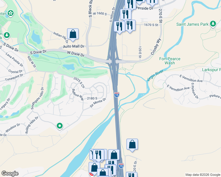 map of restaurants, bars, coffee shops, grocery stores, and more near 2075 South Sir Monte Drive in St. George