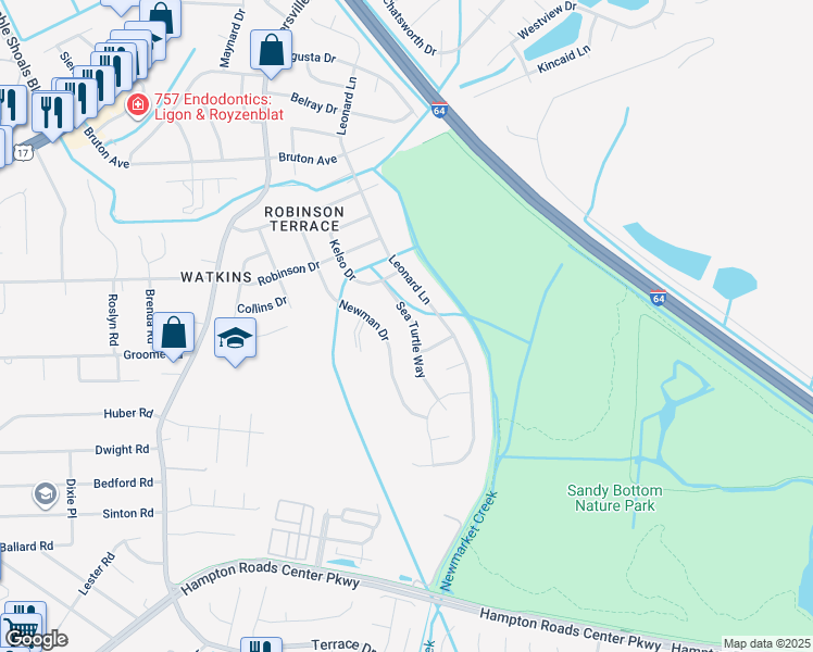 map of restaurants, bars, coffee shops, grocery stores, and more near 639 Sea Turtle Way in Newport News
