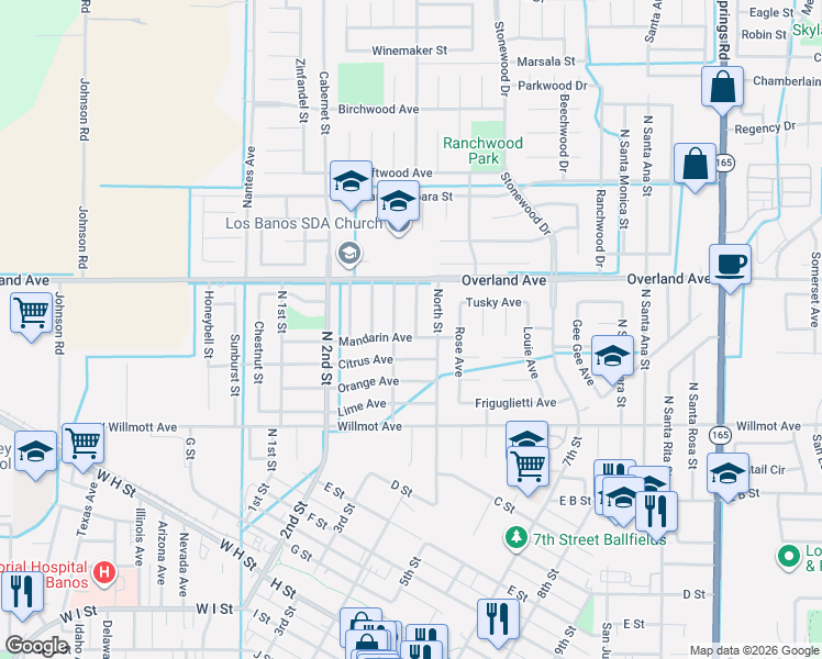 map of restaurants, bars, coffee shops, grocery stores, and more near 314 North 3rd Street in Los Banos