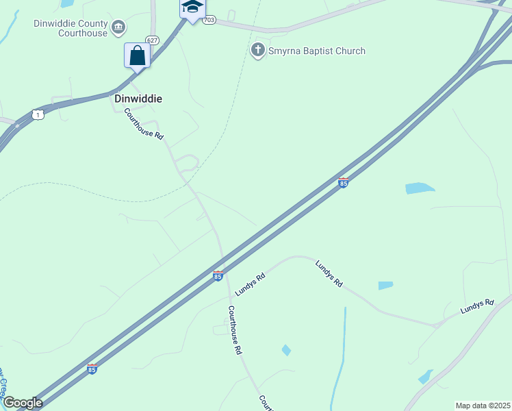 map of restaurants, bars, coffee shops, grocery stores, and more near 18887 Lundys Road in Dinwiddie